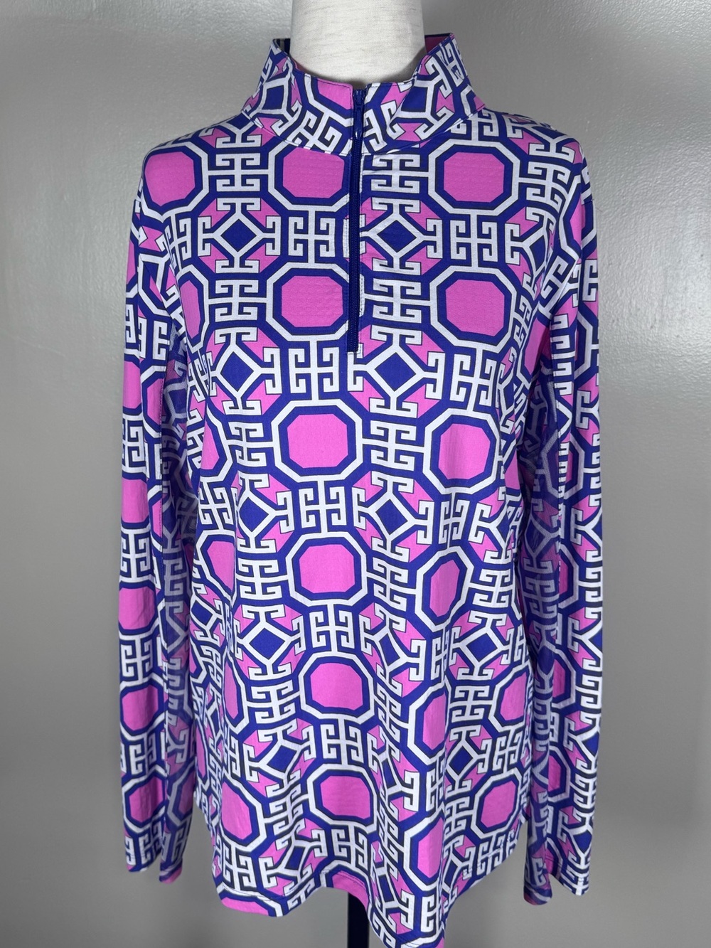 IBKul Size Large Denis 1/4 Zip Long Sleeve Multi Color Pink Blue UPF 50 Golf Top